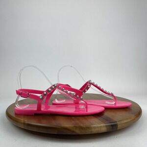 New Womens Stuart Weitzman Goldie Pearl Crystal Jelly Pink Thong‎ Sandals Sz 8
